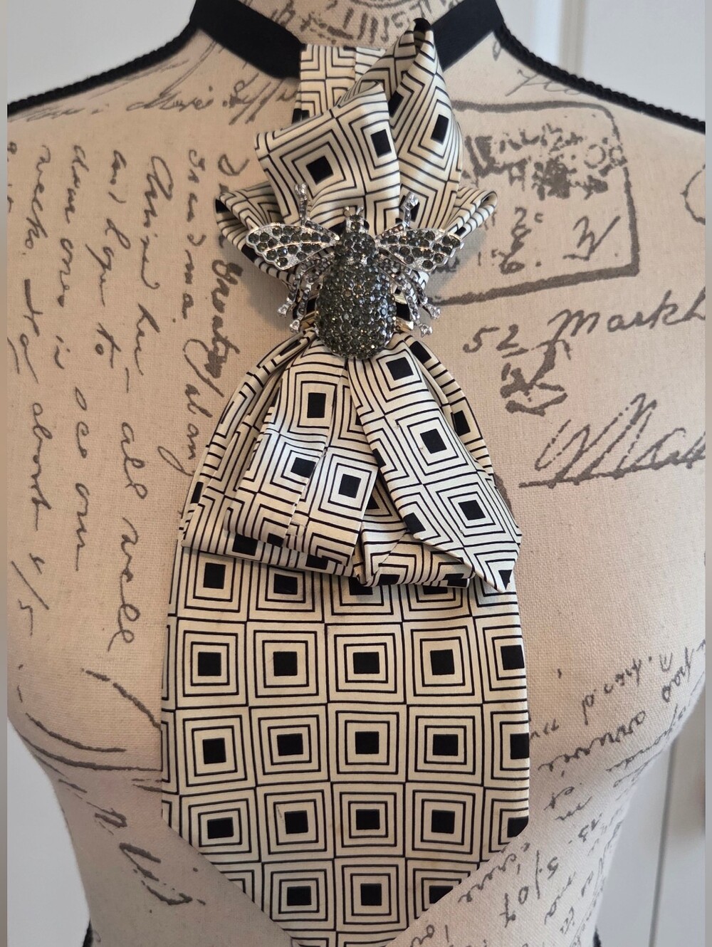 Black & Ivory Geometric Silk Tie-Necklace